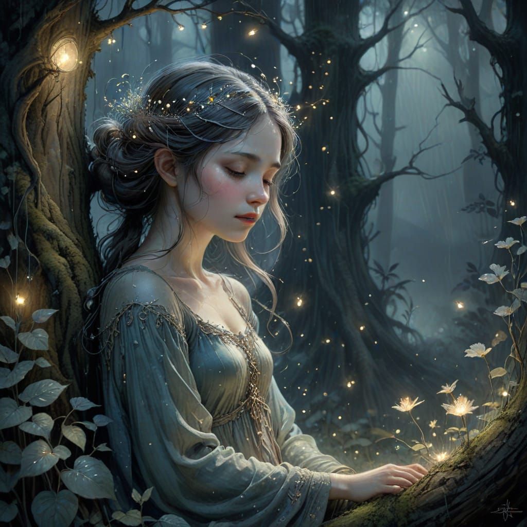 Girl in Rainy Night, Hidden Face, Ethereal Glow