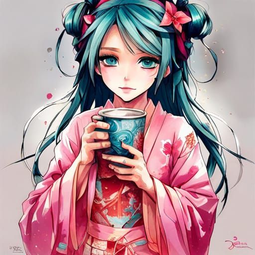Cute Samurai Princess Drinking Coffee: Anime Portrait
