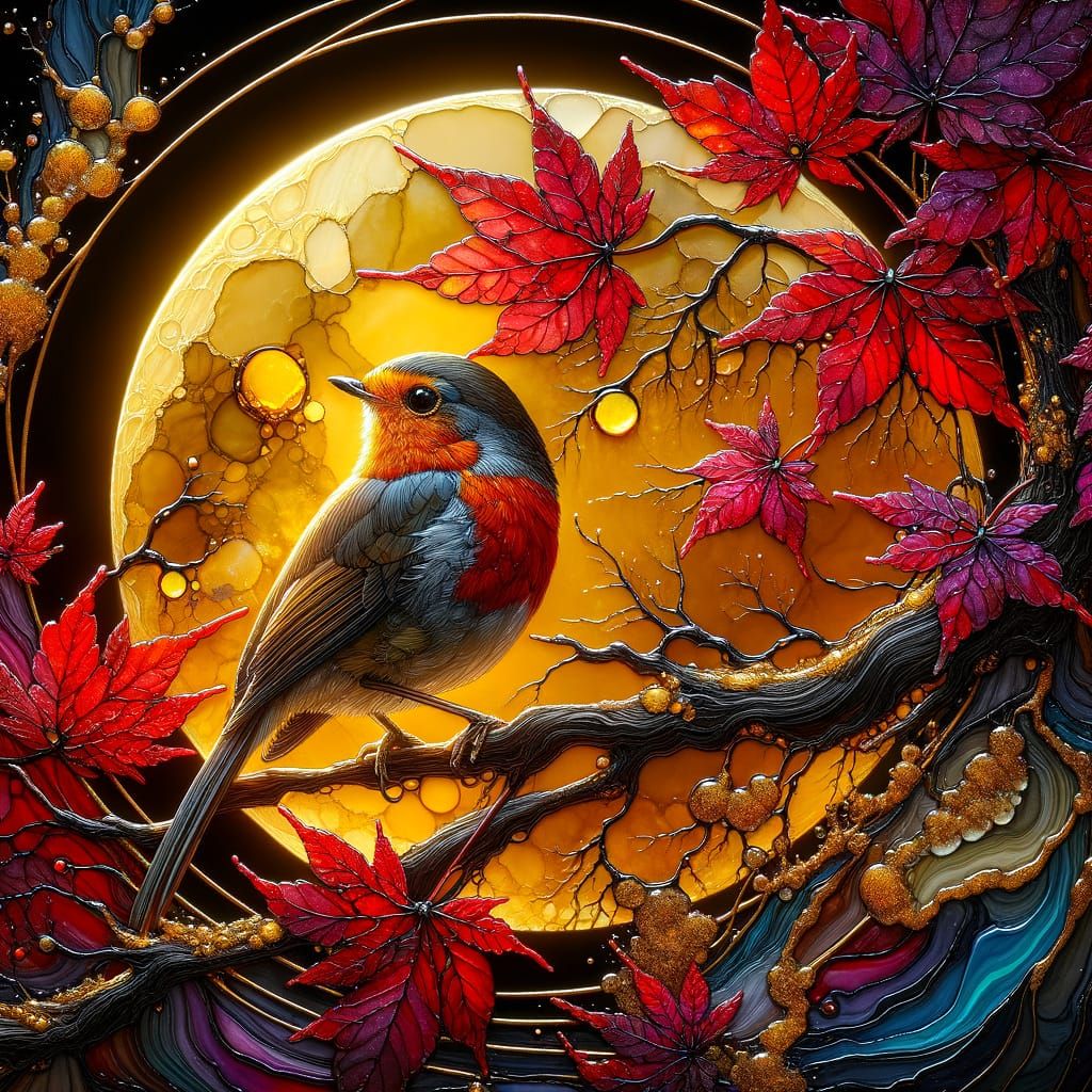 Robin in Maple Tree with Golden Moon