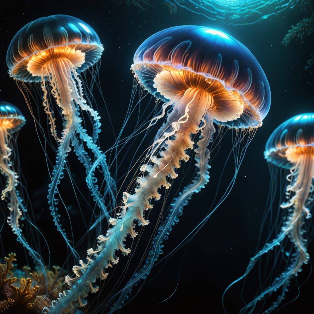 Bioluminescent Jellyfish in the Abyss: Surreal Bioluminescen...