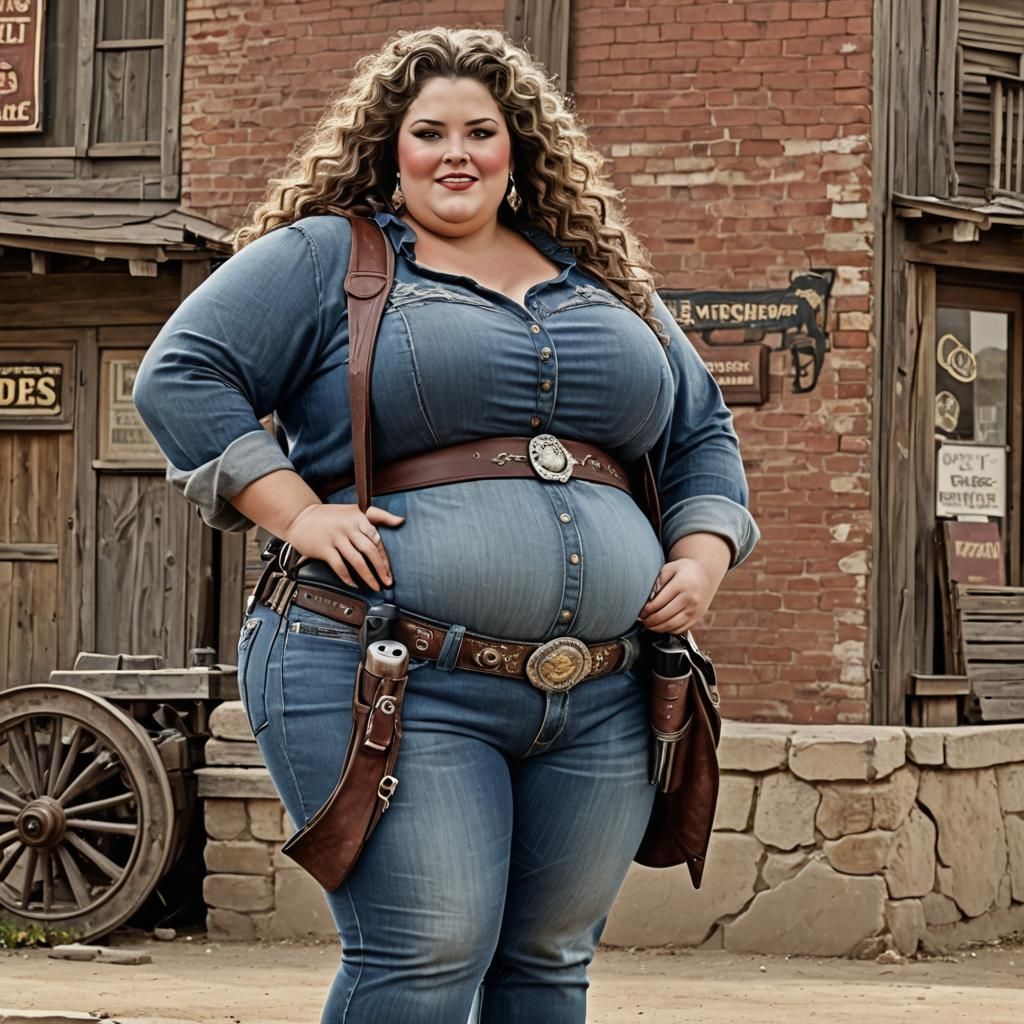 Curvy Gunslinger in Western Town