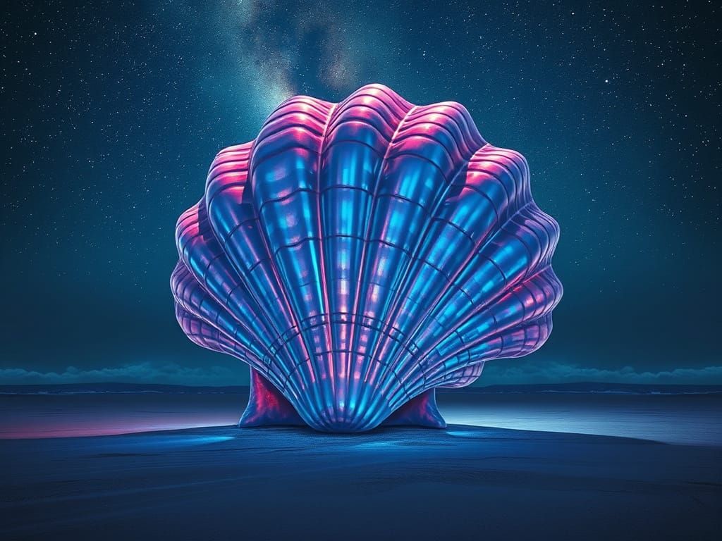 Glowing Iridescent Seashell Illuminates Celestial Beach at N...