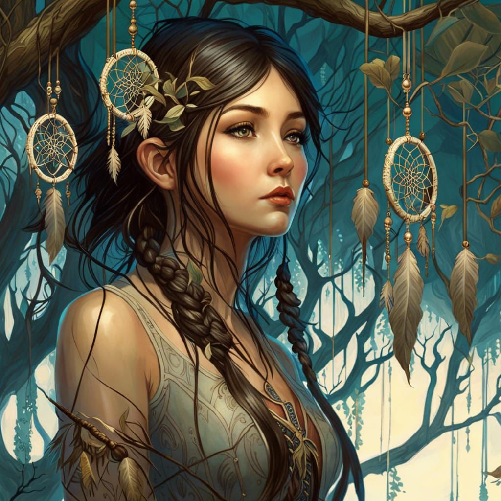 Anime Girl with Dreamcatchers in Surreal Forest