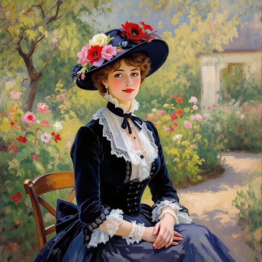 Elegant Milliner in Flower Garden, Impressionistic Style