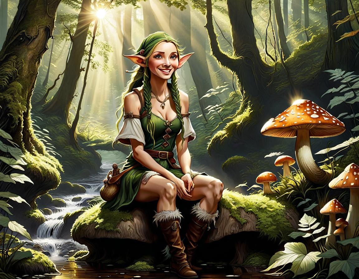 Smiling Wood Elf in Enchanted Forest
