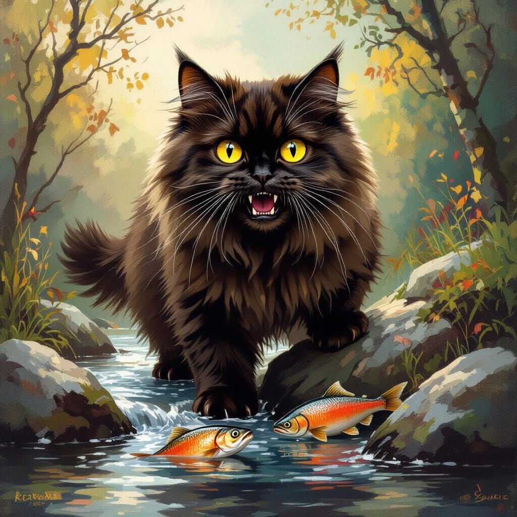 British-Persian Cat Hunting Salmon in Shrek-Style Fantasy