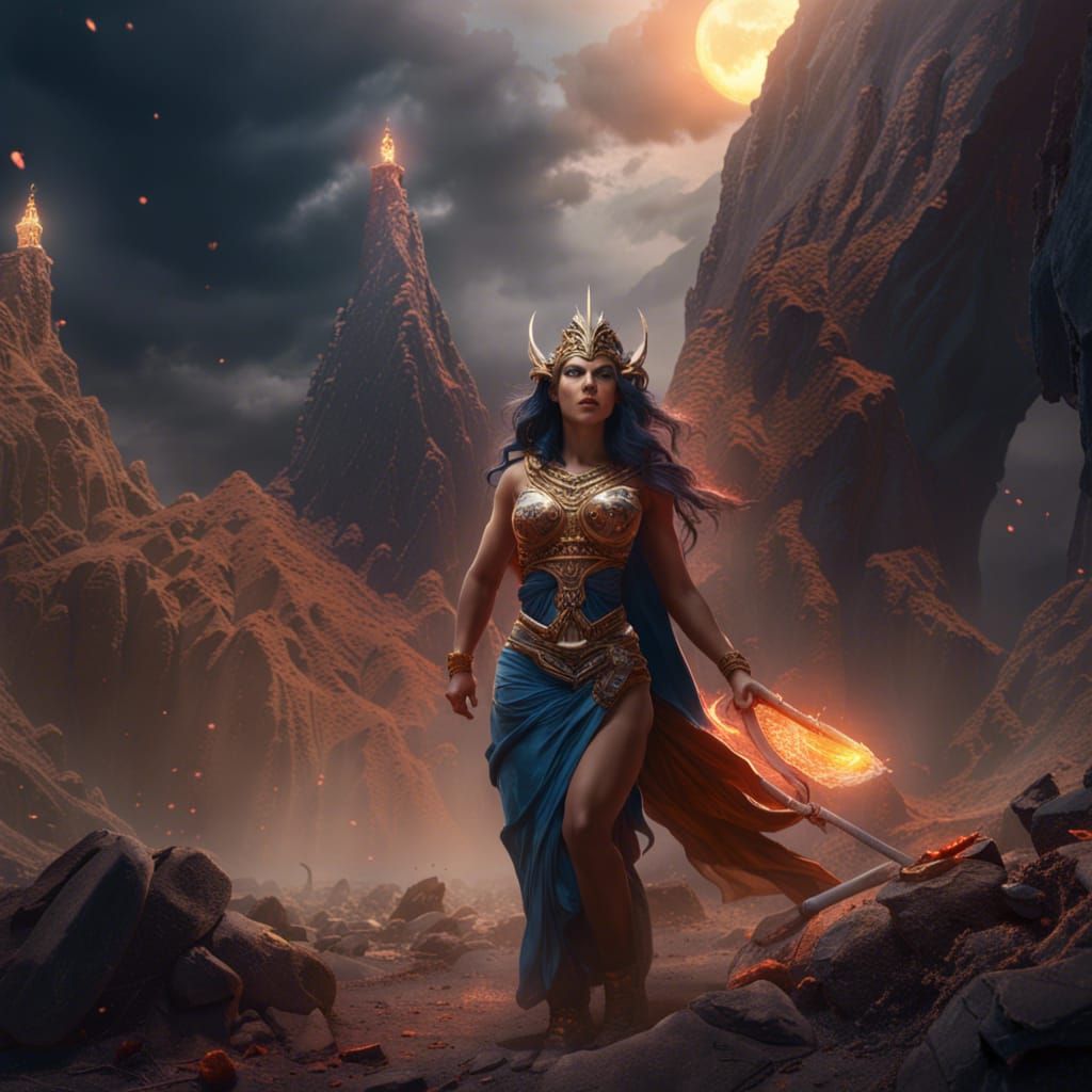 Goddess Ishtar Destroys a Mountain in Detailed Matte Paintin...