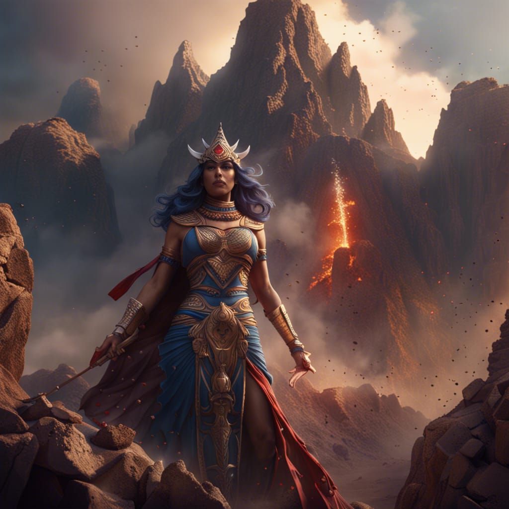 Goddess Ishtar's Mountain Destruction: Detailed Digital Art