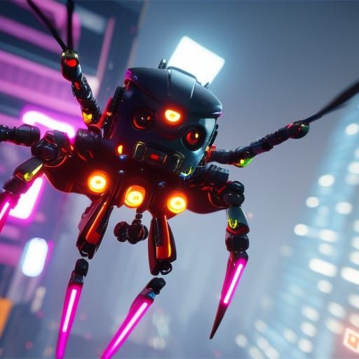 Cute Robot Spider Sign Holder in Cyberpunk Style