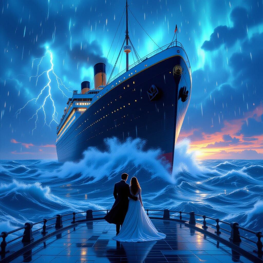 Titanic Pose Amidst Bioluminescent Ocean Waves