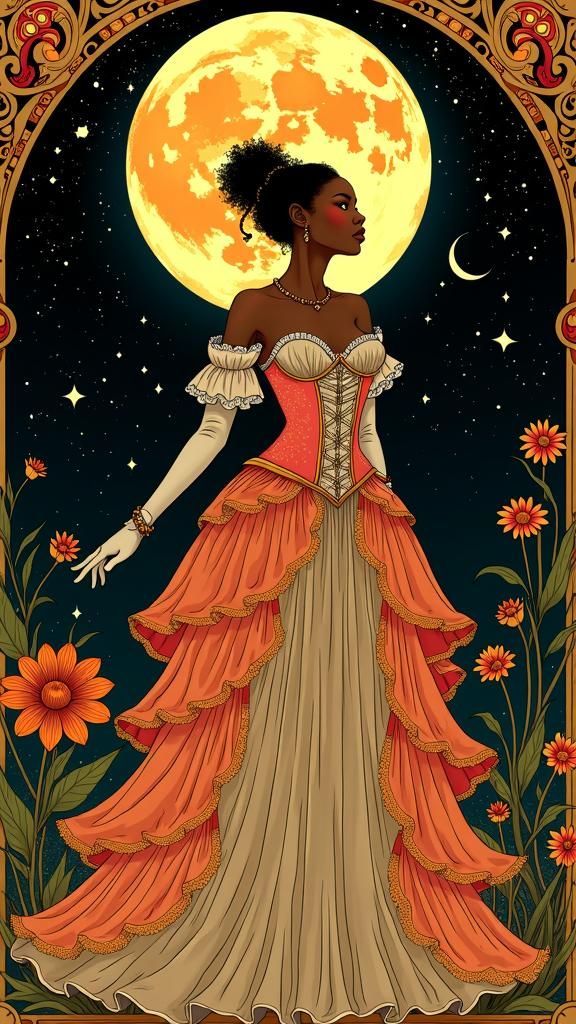 Regal Woman Gazing at Moon in Art Nouveau Style