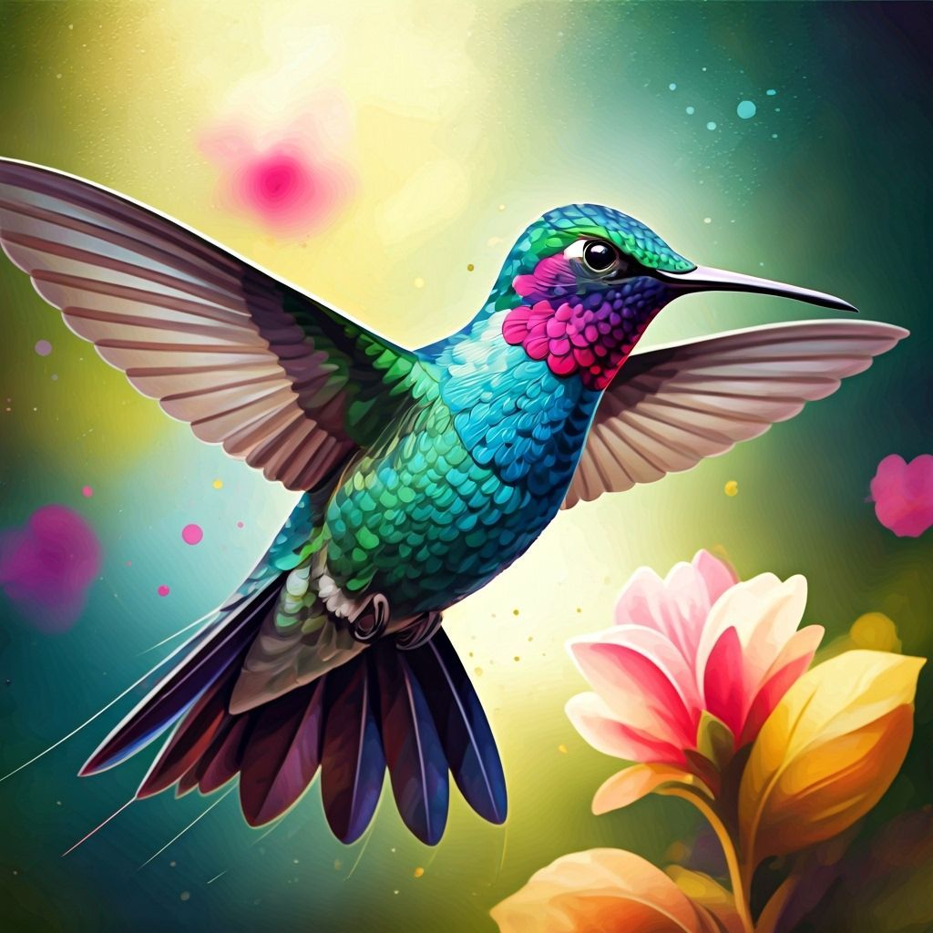 Hummingbird in Flight with Dreamlike Watercolor Background