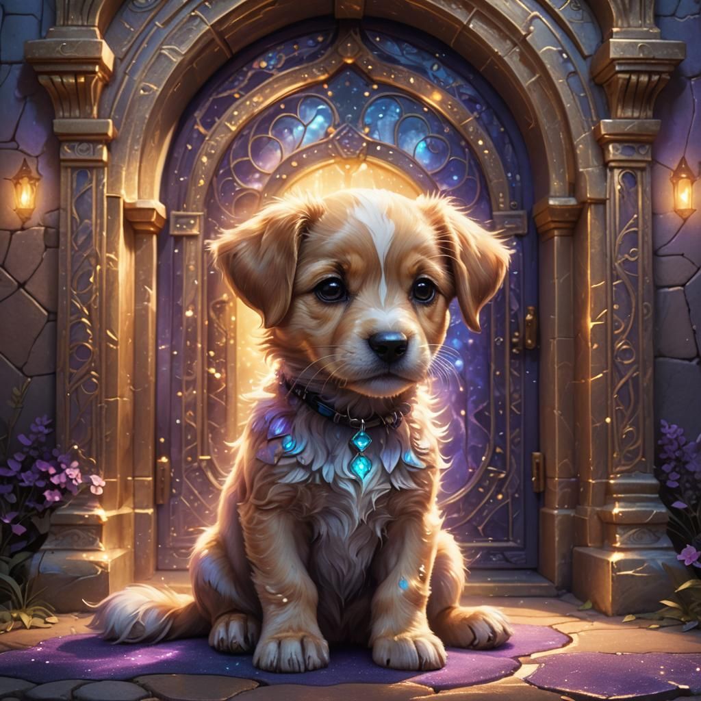Fantasy Puppy Begging Before Magical Portal
