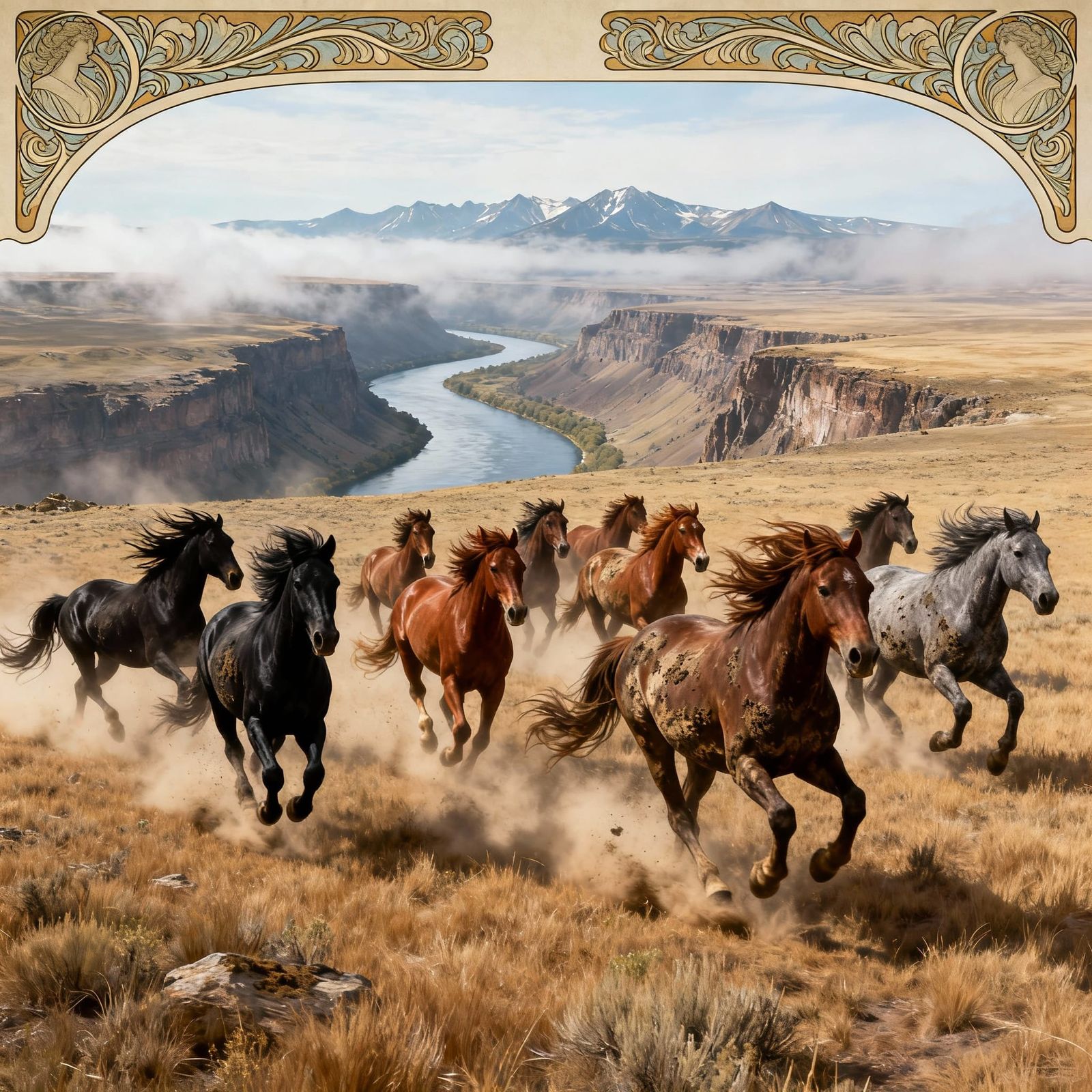 Wild Horses Galloping Across High Plateau with Rocky Mountai...