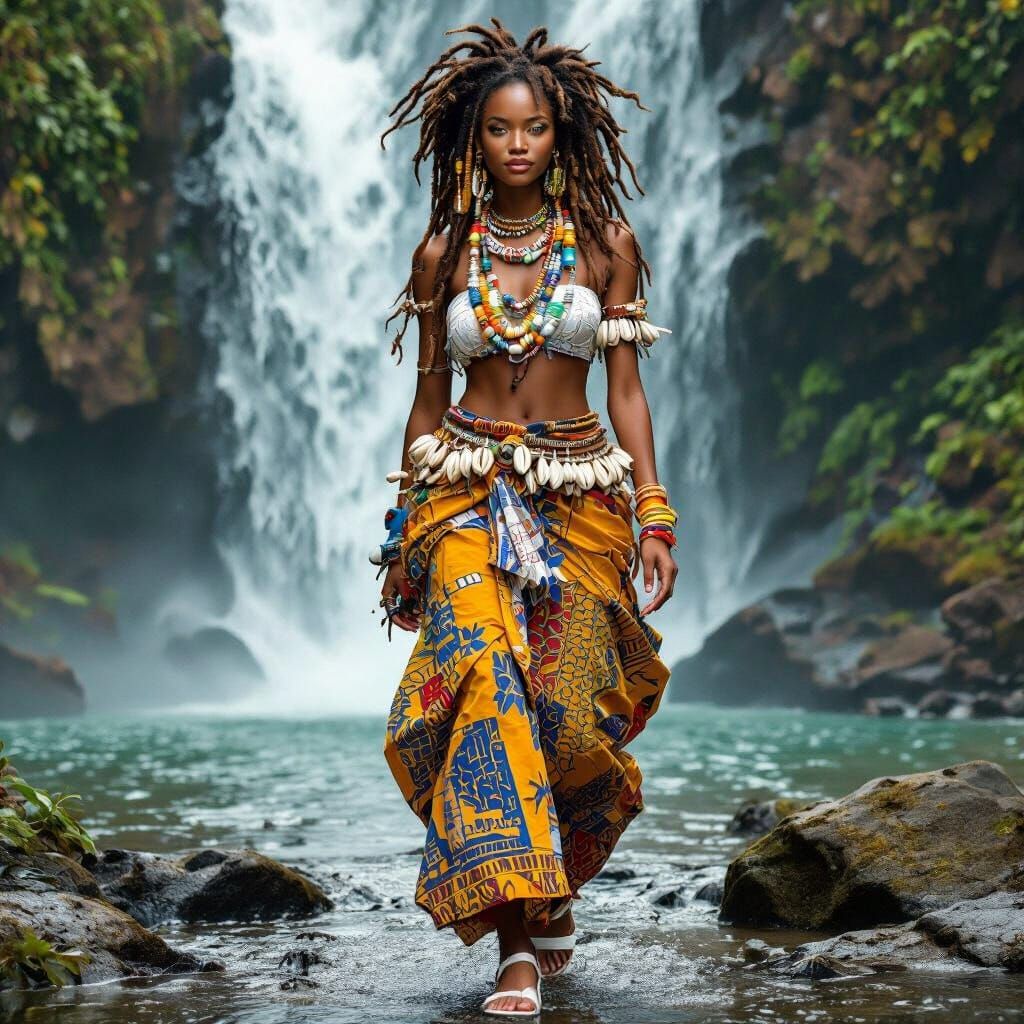 Majestic African Woman Walking Near Waterfall