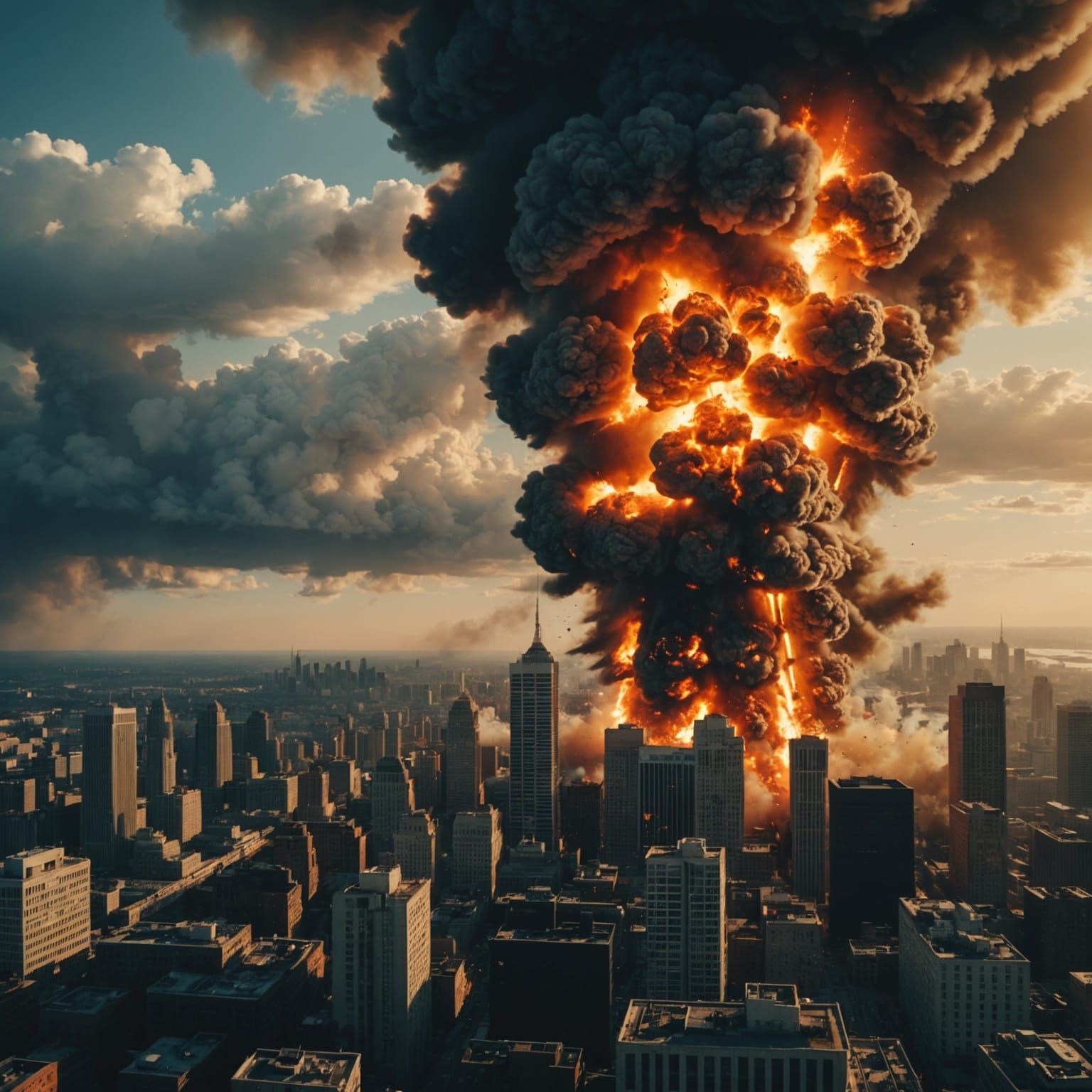 Dramatic Fireball Explosions in Cityscape: Cinematic Still
