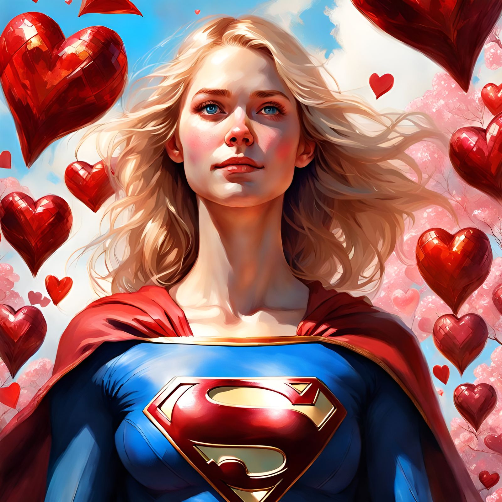 Supergirl Surrounded by Hearts: Detailed Portrait