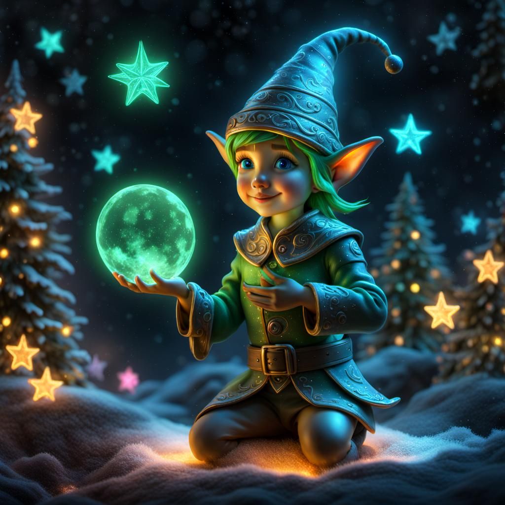 Neon Bioluminescent Christmas Elf with Glowing Stars