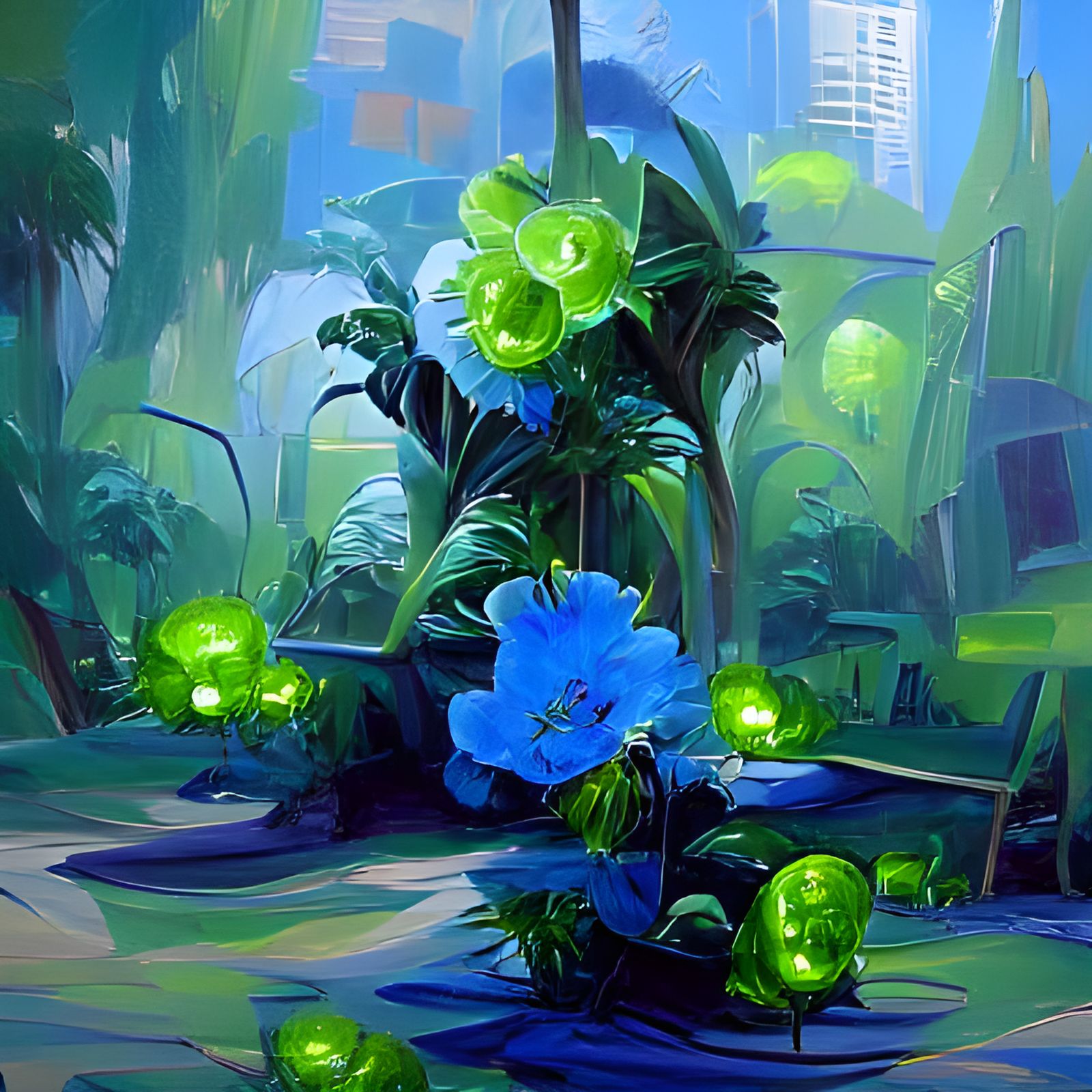 Green Oasis with Neon Flowers, Oil Painting