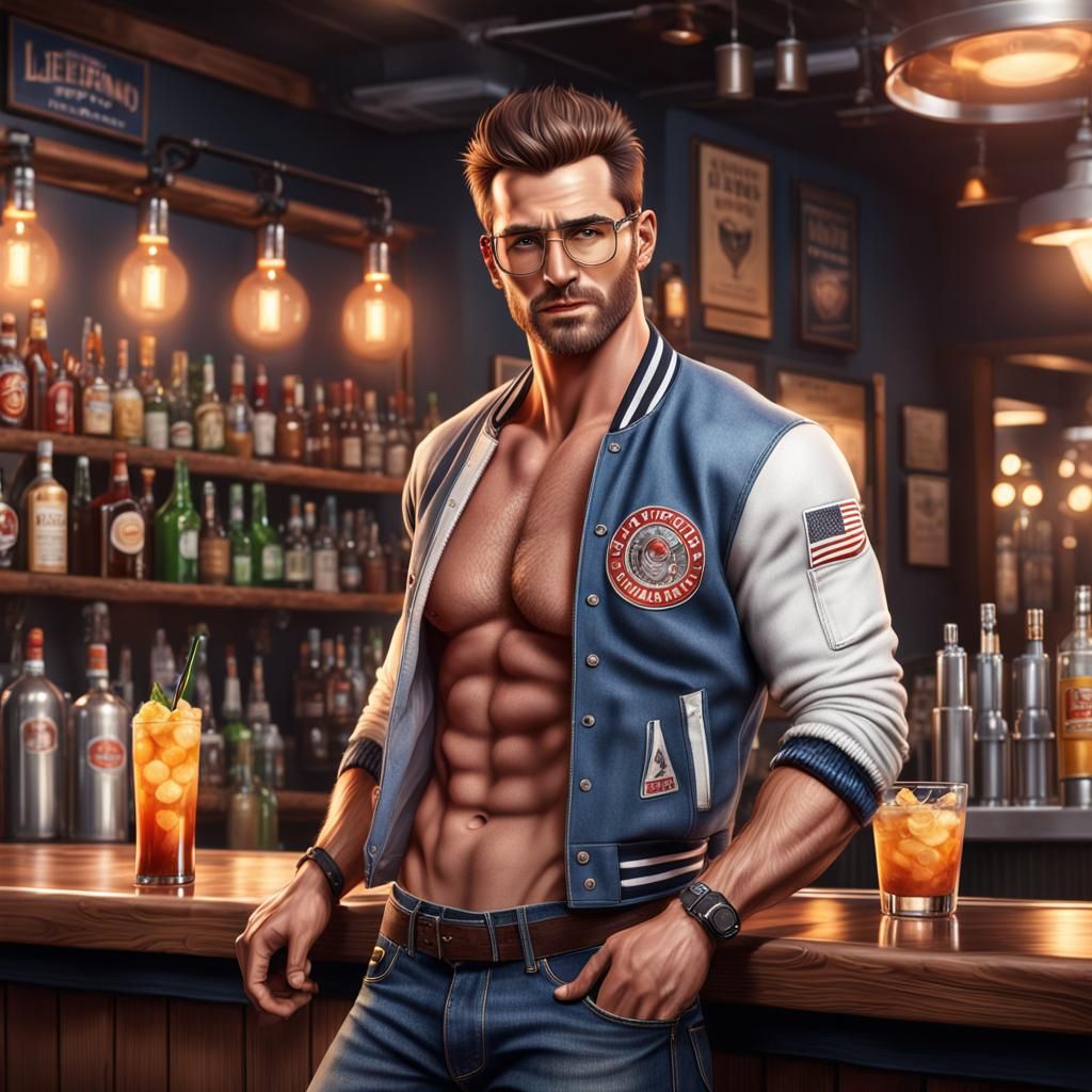 Handsome Bartender Making Cocktails in Cozy Bar