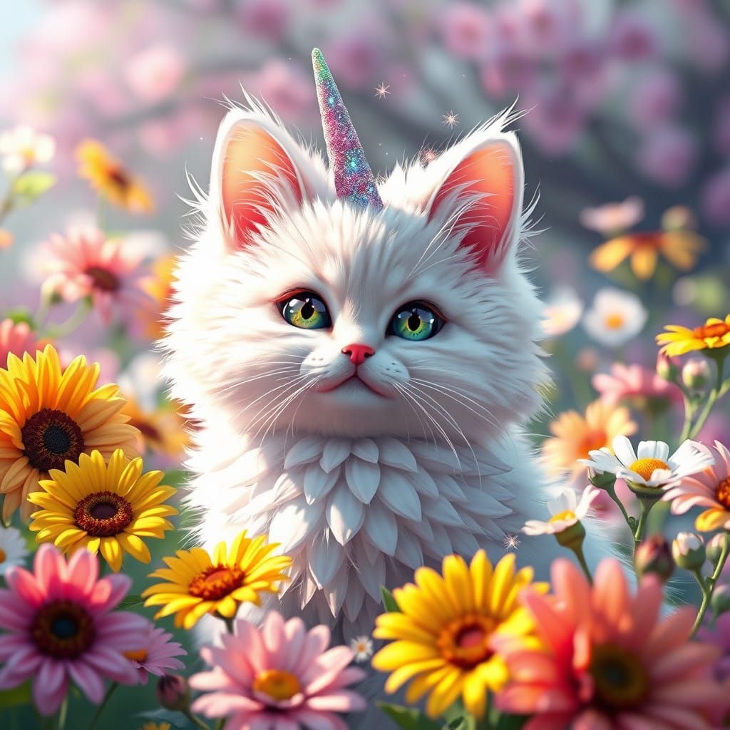 Majestic Kitty Cat with Rainbow Unicorn Horn in Whimsical Fl...