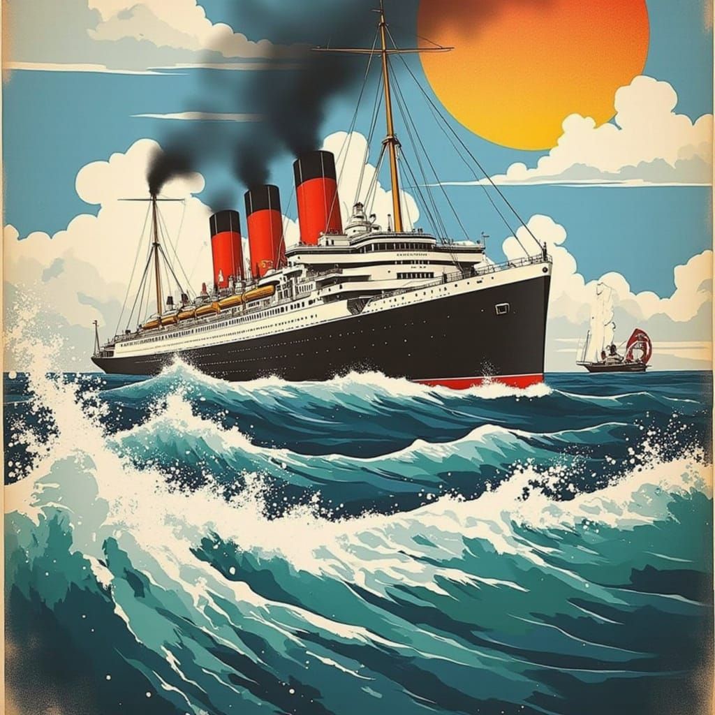 Vintage Ocean Liner Travel Poster in Art Deco Style