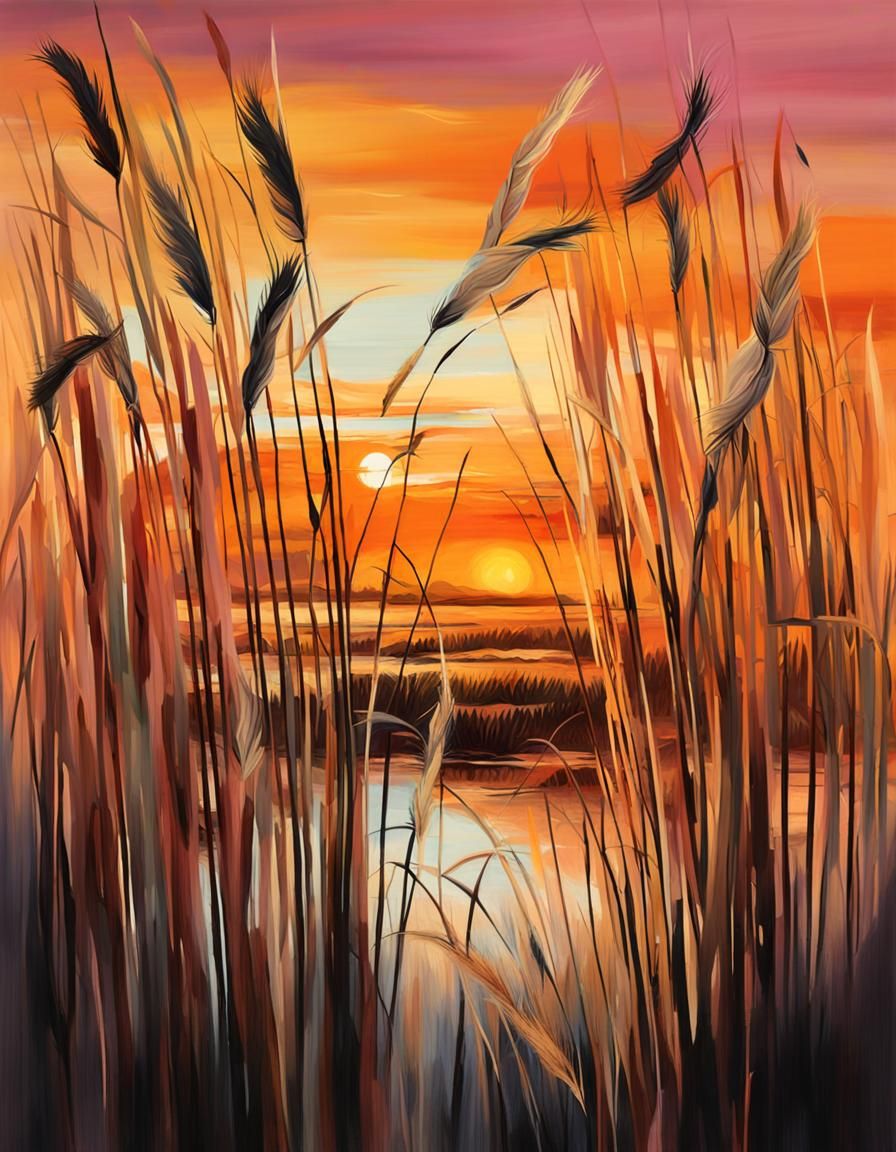 Dreamlike Sunset Through Reeds, Surreal Oil Painting