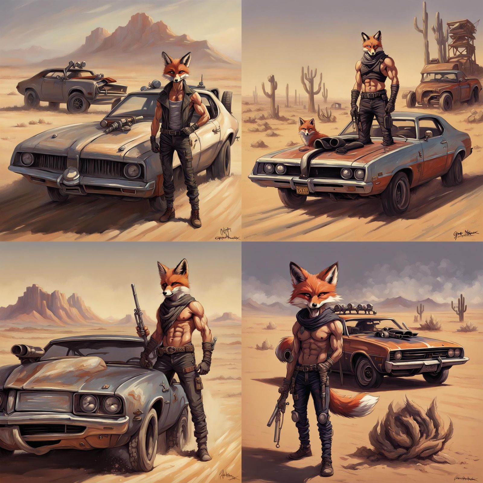 Mad Max Fox with Muscle Car in Desert