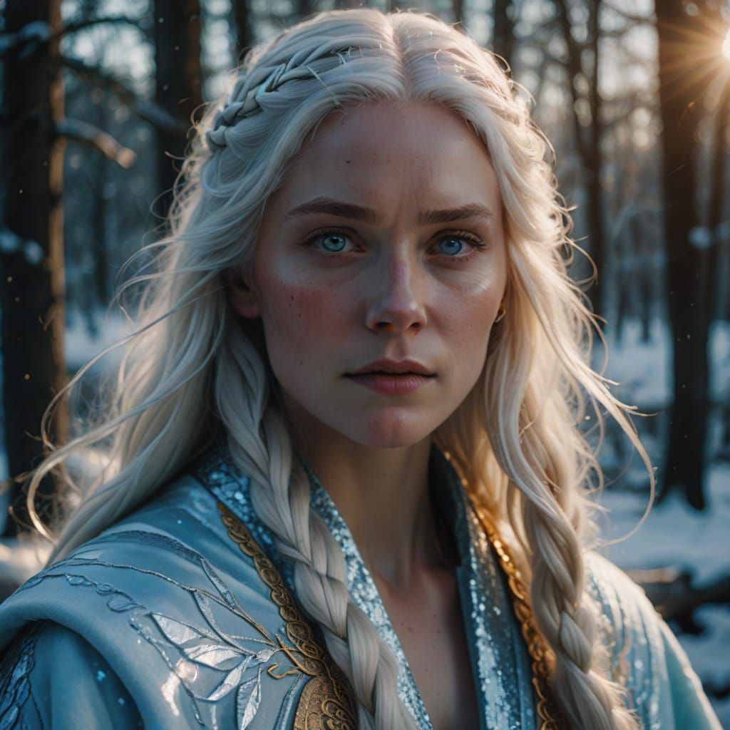 Icy Scandinavian Goddess Portrait in Hyperrealistic Style