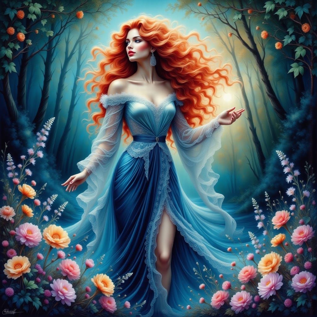 Radiant Goddess Summons Spirits in Art Nouveau Style