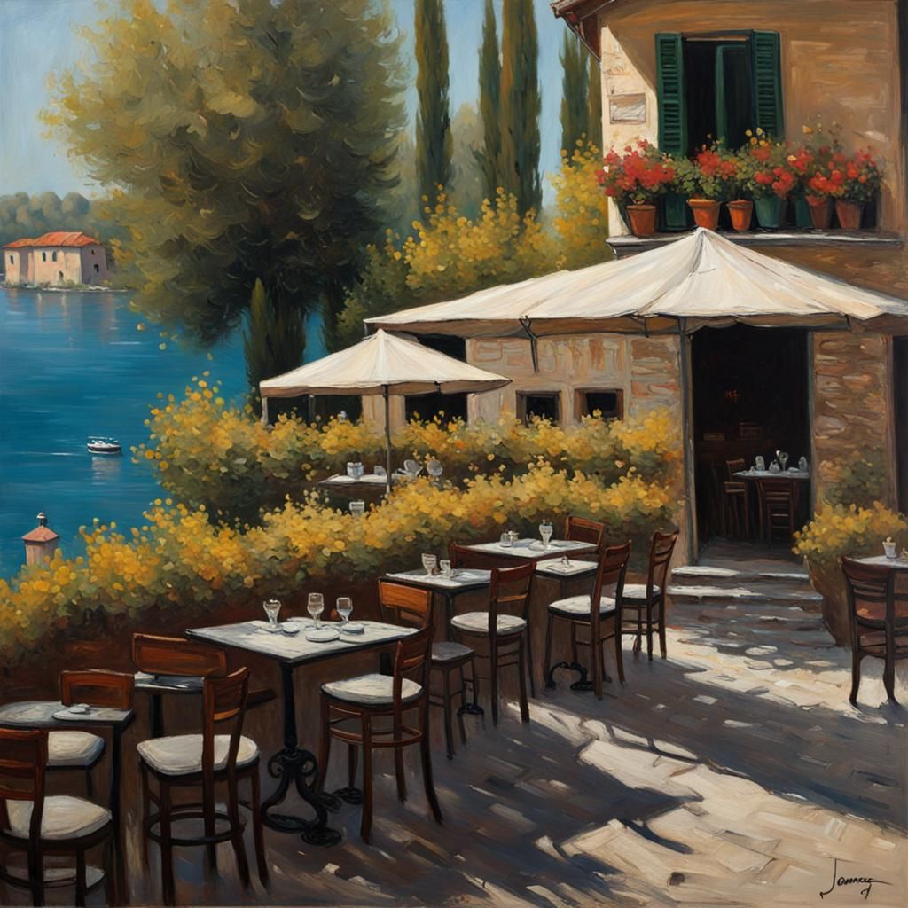 Italian Lakeside Restaurant as Oil Painting