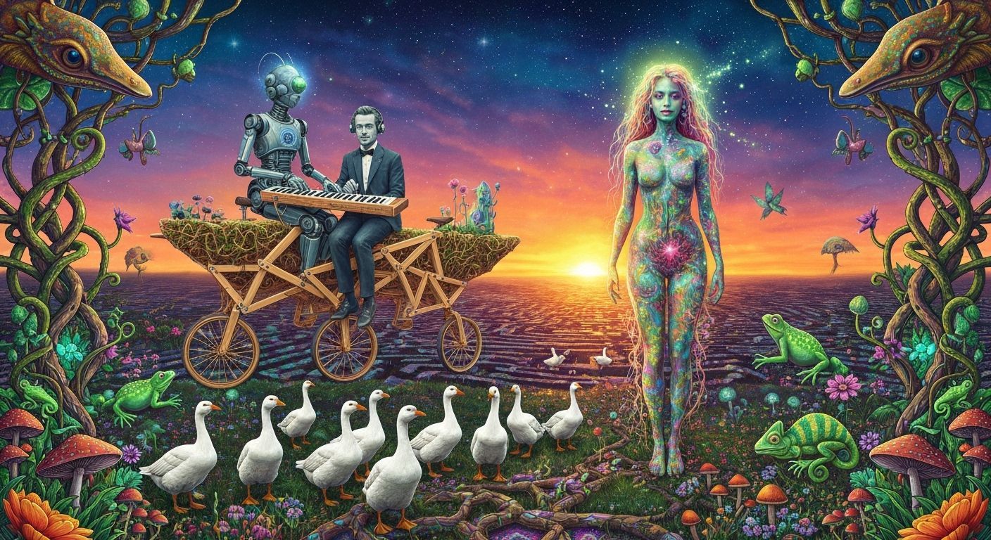 Ethereal Figures Compose Surreal Poems in Cosmic Garden