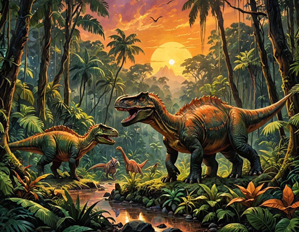 Dinosaurs in Rainforest: Digital Watercolor Illustration