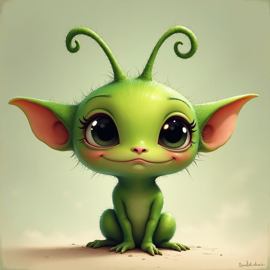 Endearing Green Alien in Dreamlike Art Style