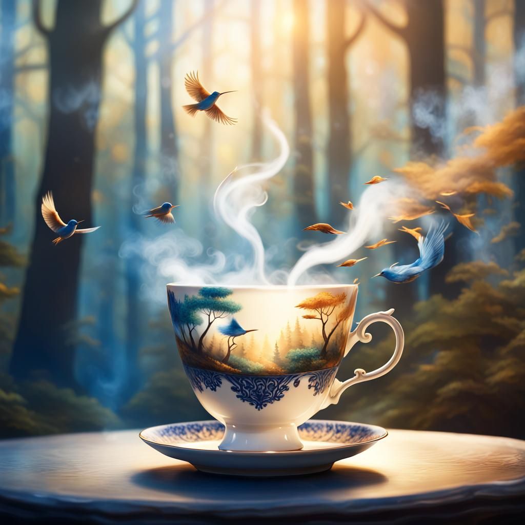 Forest Unfolding from Teacup: Whimsical Concept Art