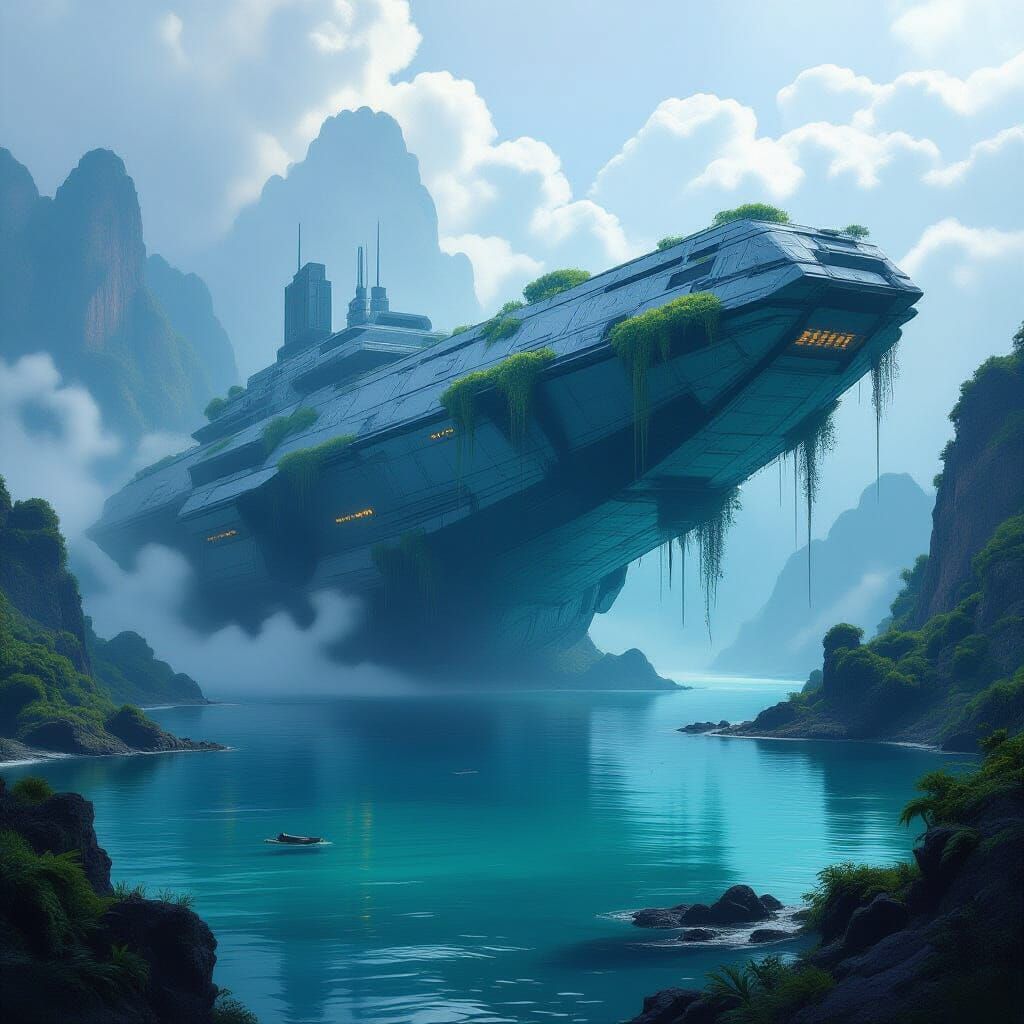 Ancient Spaceship Overgrown in Bioluminescent Lagoon