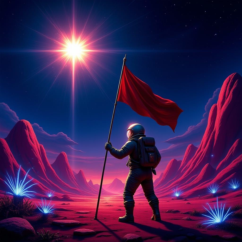 Astronaut Plants Flag on Alien Planet in Supernova Light