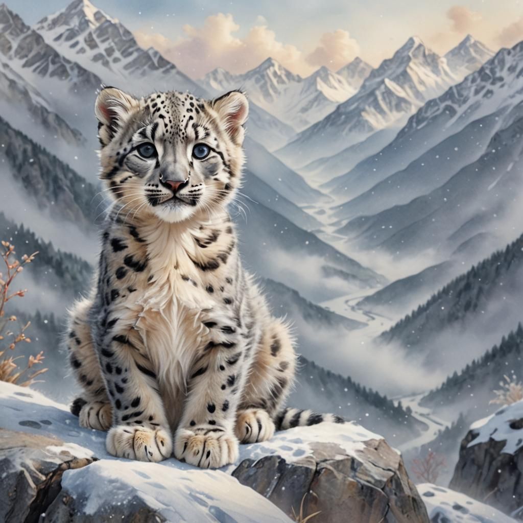 Snow Leopard Kitten Plays in Snowy Mountains
