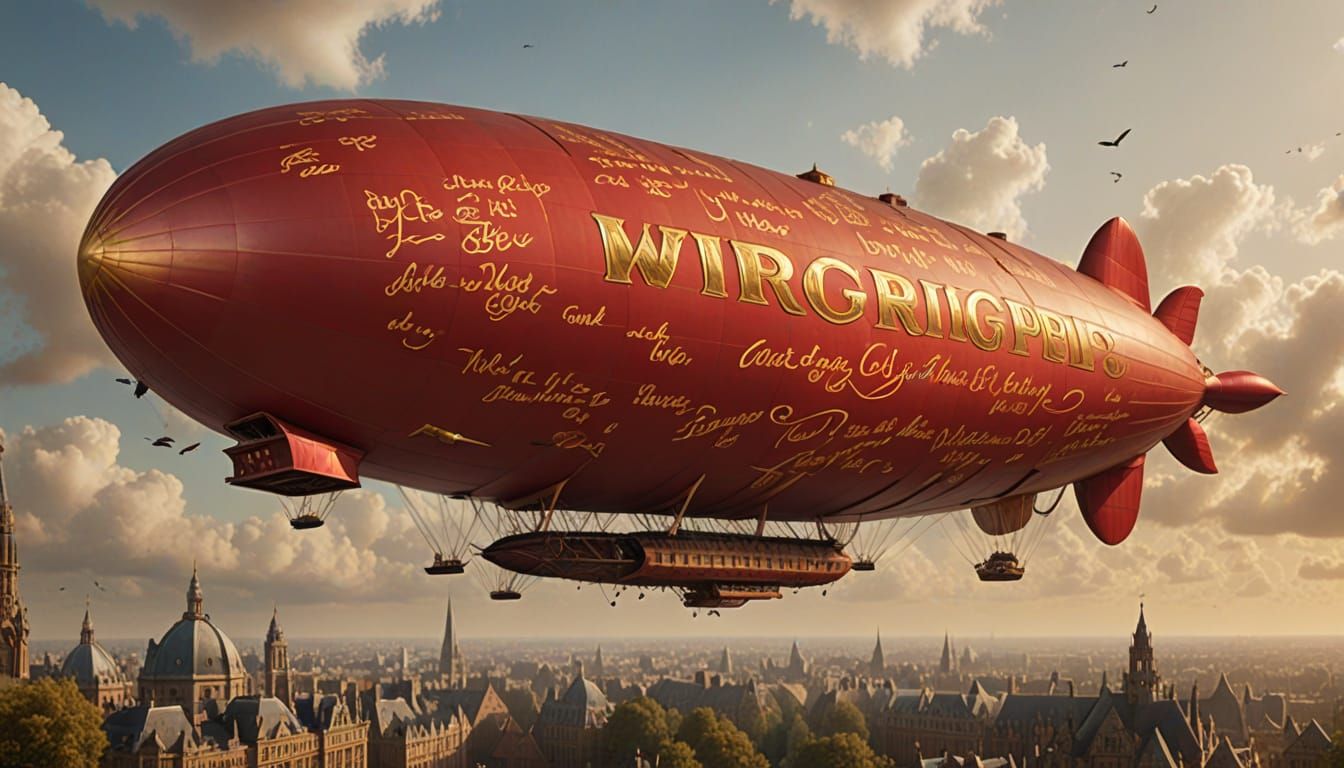 Red and Gold Dirigible Covered in Writing