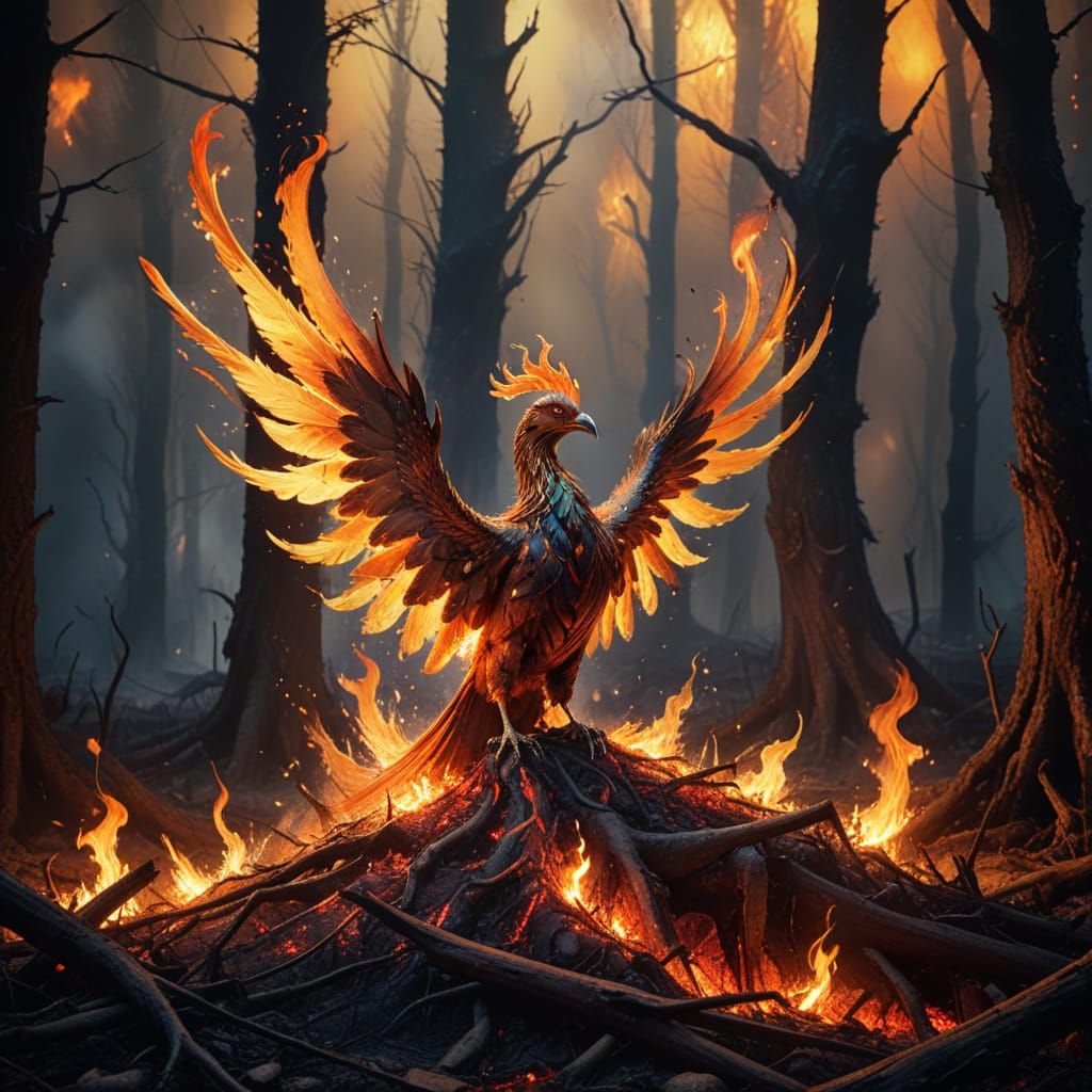 Phoenix Rises from Ashes in a Surreal, Mystical Forest
