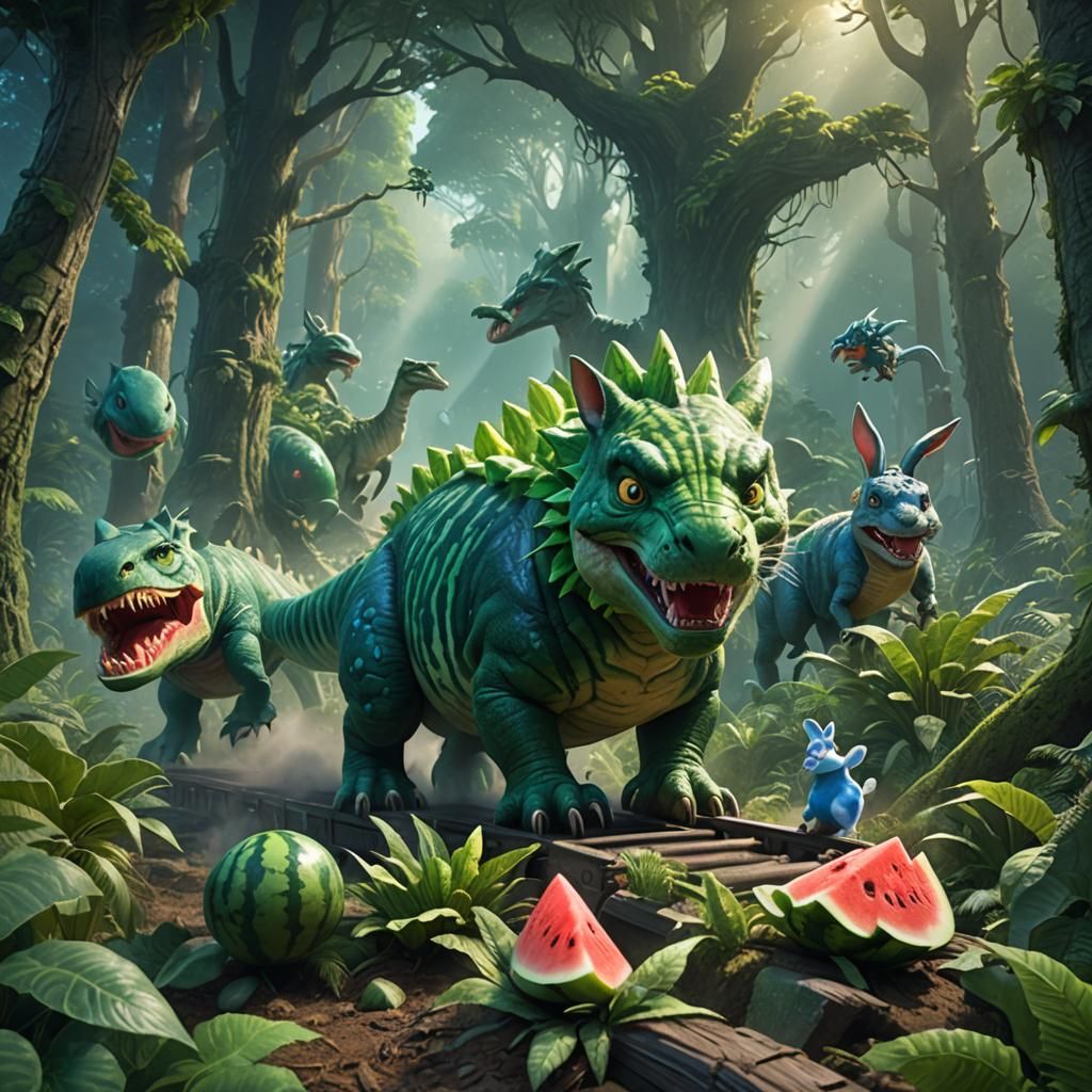 Watermelon Cat and Rabbit's T-Rex Training in 3D