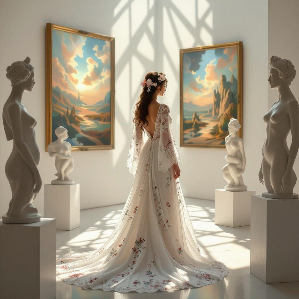 Ethereal Goddess in Sun-Dappled Art Gallery