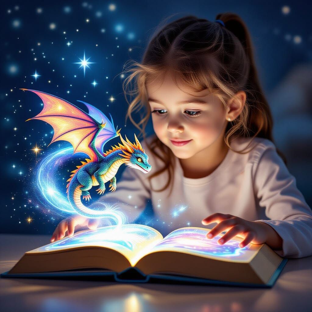 Girl and Dragon Hologram in Children's Book Style