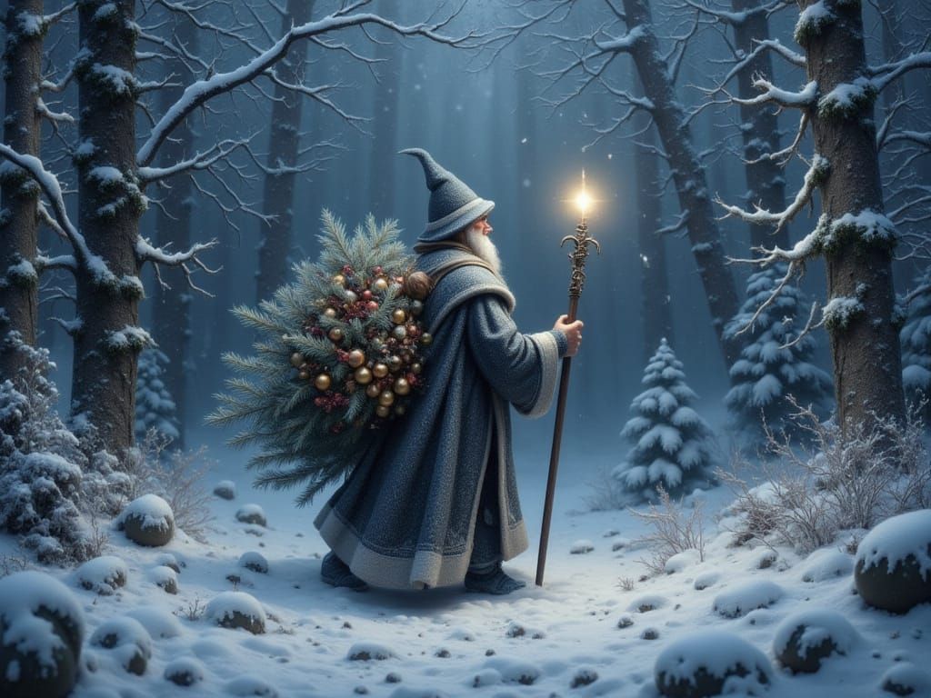 Father Christmas Walks Through Snowy Forest at Night