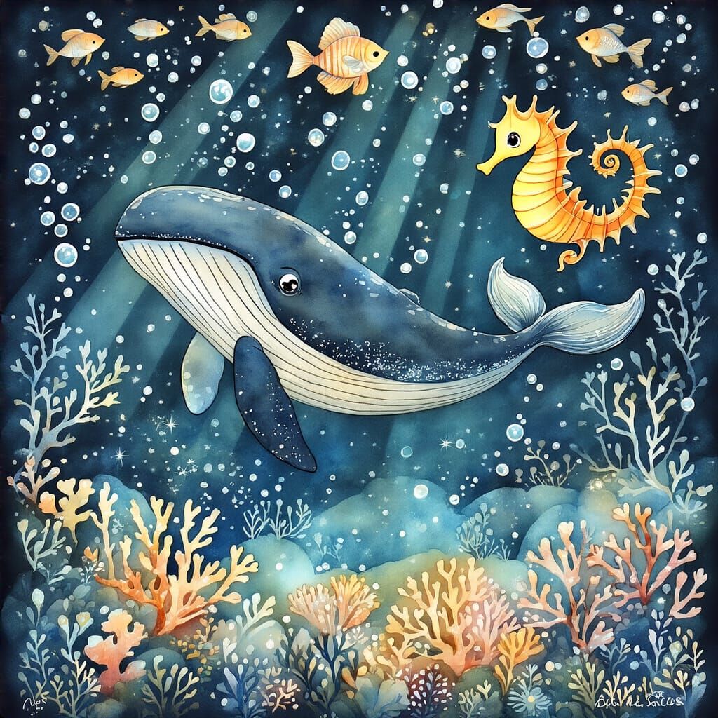 Whale and Seahorse Friendship in Watercolor
