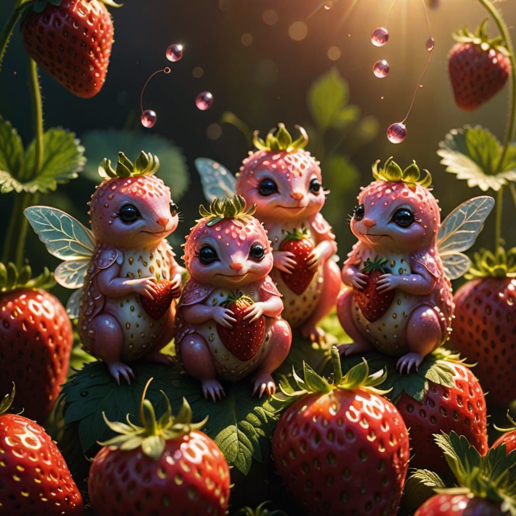 Tiny Pink Fairytale Creatures in Strawberries: Surreal Macro...