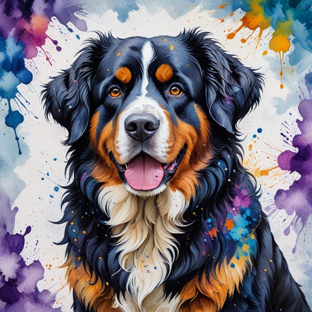 Bernese Mountain Dog in Textured Impasto Oil and Ink