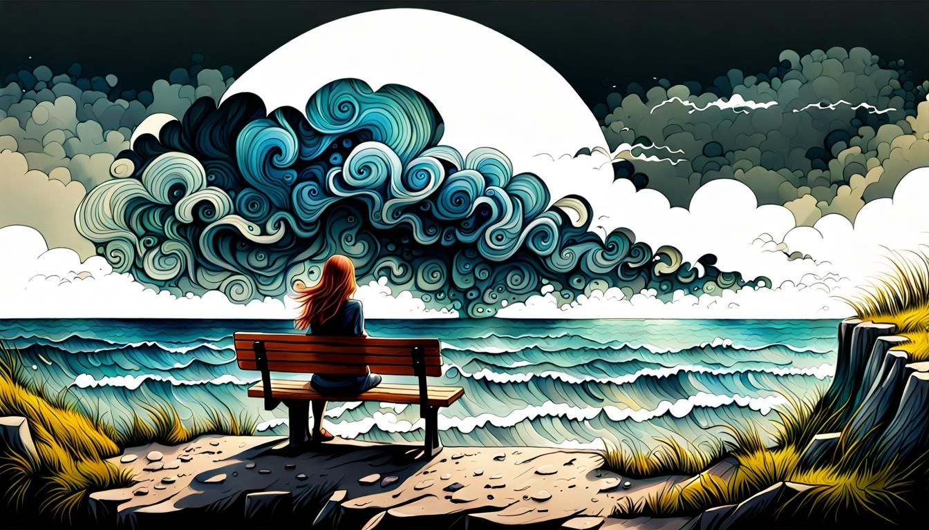 Girl on Bench Overlooking Sea in Watercolor Style