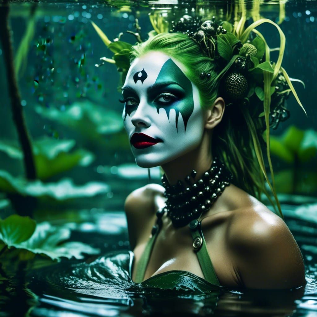 Cyborg Woman with Joker Makeup in Swamp