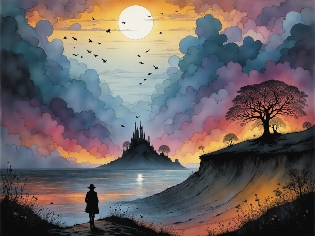 Sunset Walker on Wadden Sea in Dark Fantasy Style